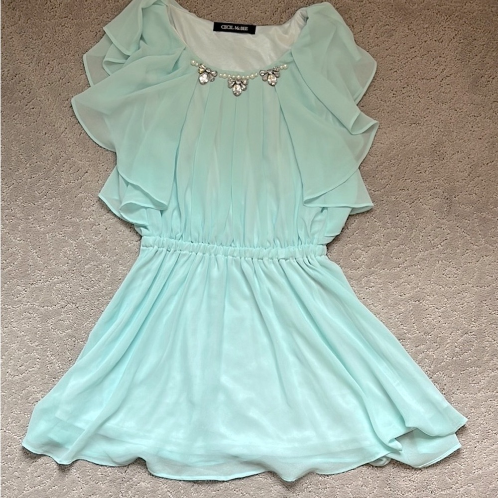 Aqua Ruffle Long Blouse with Jewel Detail